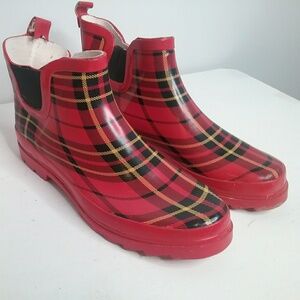 Star Bay Red and Black Tartin Plaid Rain Booties